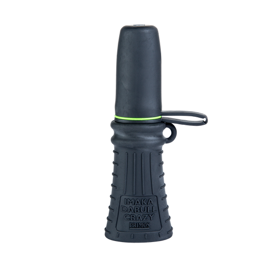 The Primos Imaka Da Bull Crazy Long Range Elk Call is black with a textured grip and branded lower text.