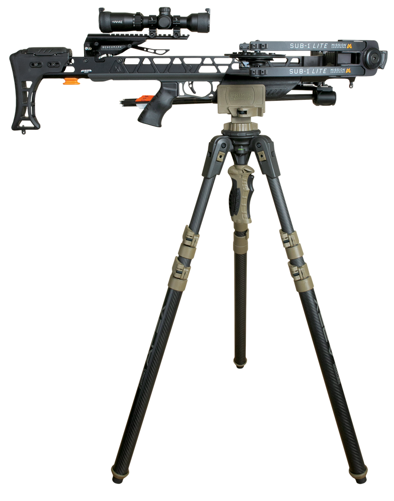 Load image into Gallery viewer, A black crossbow with a scope is mounted on a Primos Trigger Stick Apex Carbon Fiber Tripod against a white background.

