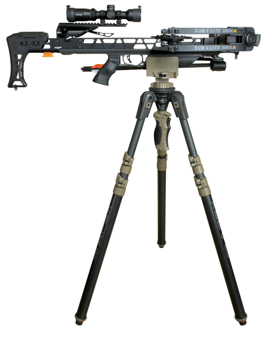 A black crossbow with a scope is mounted on a Primos Trigger Stick Apex Carbon Fiber Tripod against a white background.