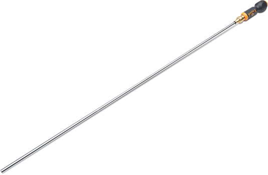 Long metal rod with a black Hoppe's branded handle on a white background