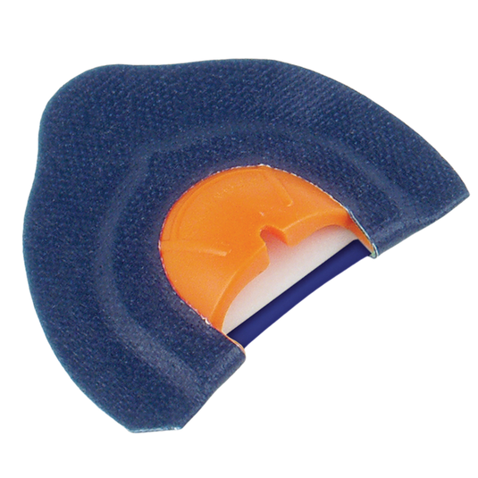 A blue and orange Primos Sonic Dome® Double Elk Call with a unique, curved design on a white background.