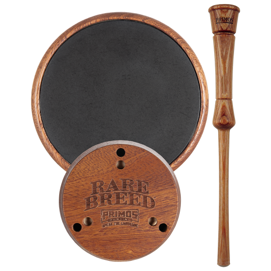The Primos Rare Breed Aluminum Turkey Pot Call features an anodized aluminum surface and comes with a striker.