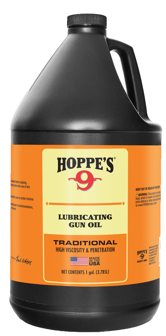 A gallon of Hoppe's Lubricating Oil for firearms, featuring an orange label and a black cap.