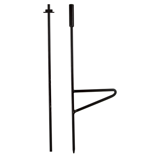 Two black metal Primos Groundbreaker Turkey Decoy Stakes, lightweight and durable, shown on a white background.