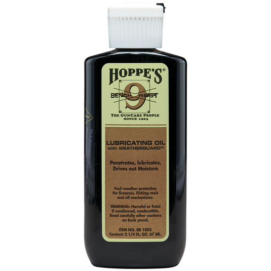 Bottle of Hoppe's Lubricating Oil with a white cap on a white background