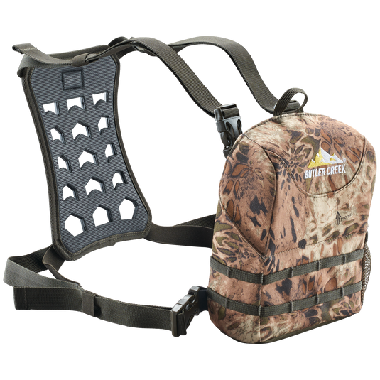 Butler Creek Featherlight Bino Case features a camo pattern, mesh back, shoulder straps, and a waist belt.