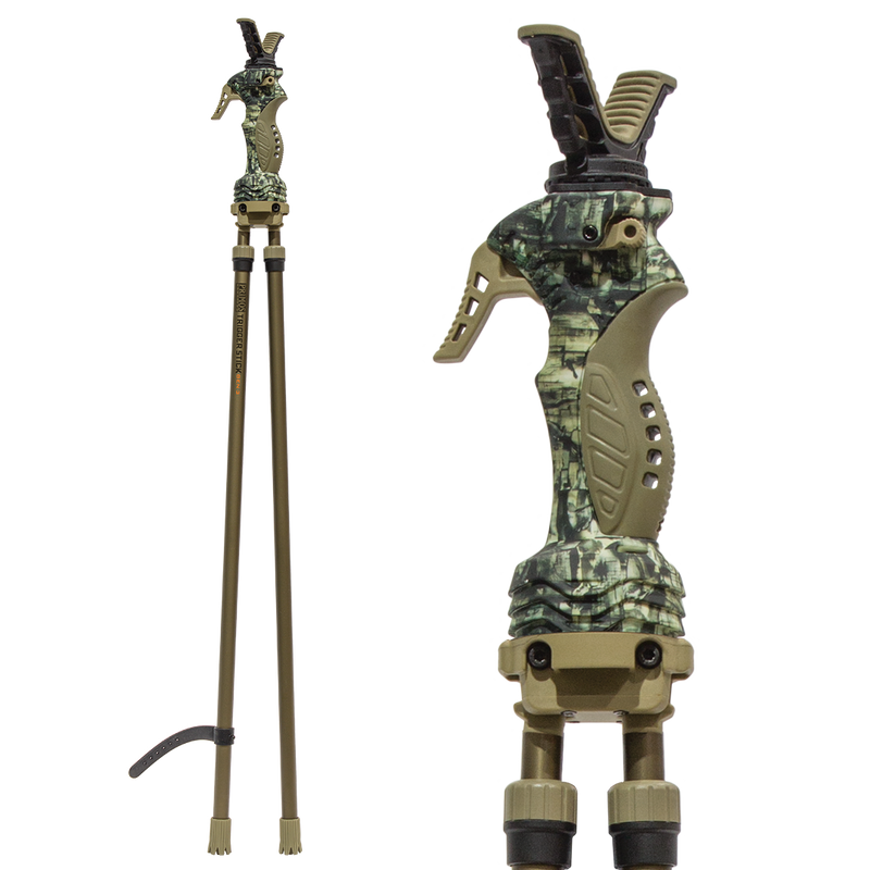 Load image into Gallery viewer, Primos Gen3 Tall Bipod Trigger Stick with ergonomic handle and quick detach yoke shown in full view and close-up.
