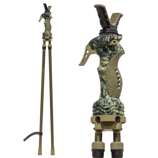 Primos Gen3 Tall Bipod Trigger Stick with ergonomic handle and quick detach yoke shown in full view and close-up.