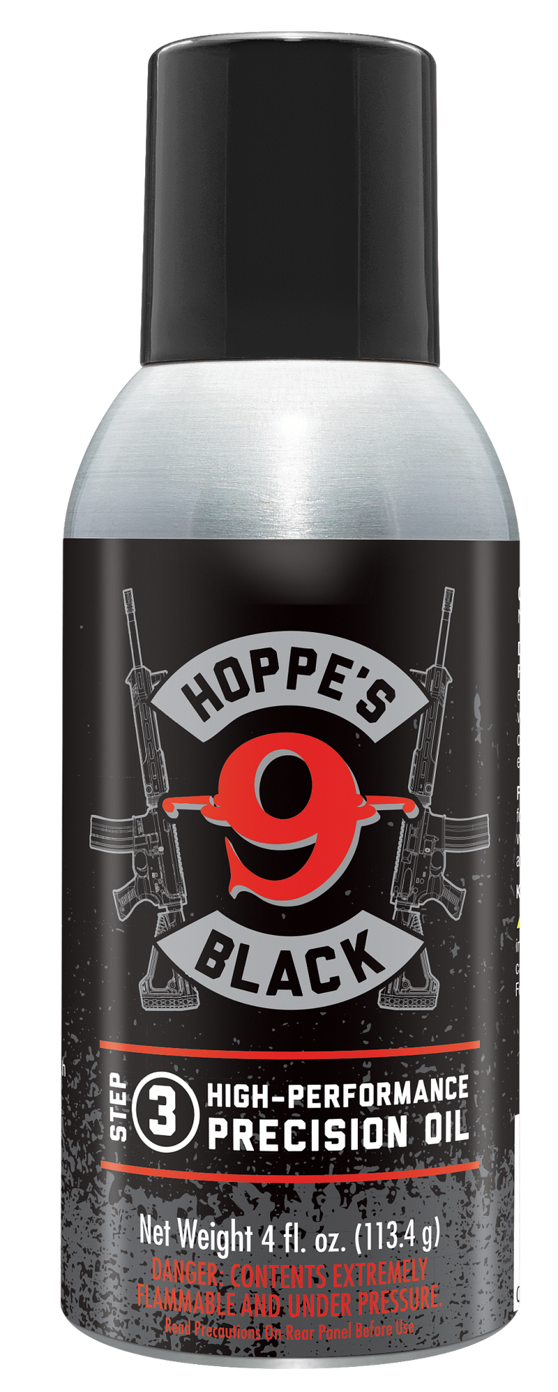 Load image into Gallery viewer, Hoppe's Black high-performance precision oil aerosol 4 oz can on a black background
