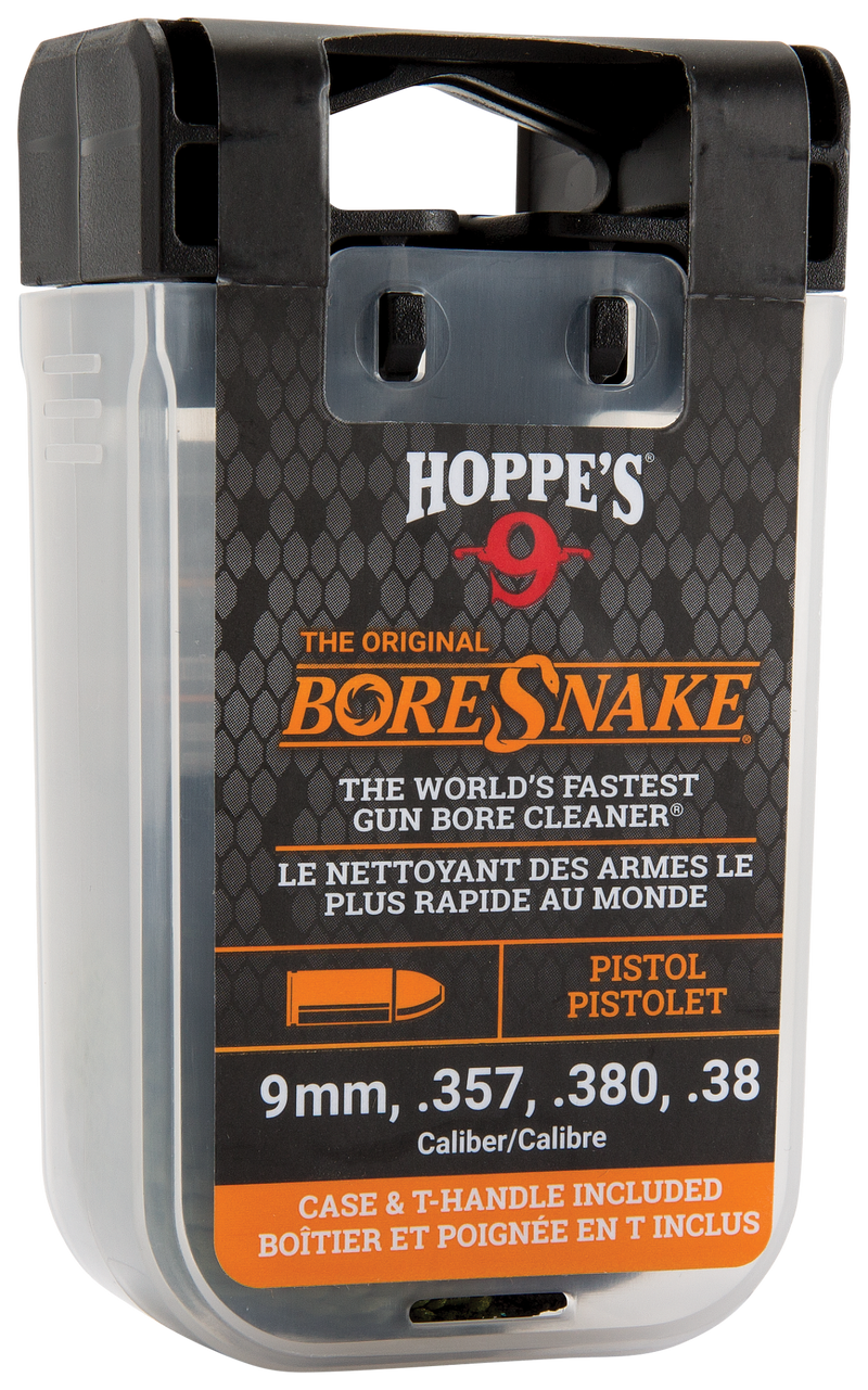 Load image into Gallery viewer, A clear plastic case holds the Boresnake® Den Pistol, labeled for 9mm, .357, .380, and .38 caliber pistols. The packaging has black, orange, and white text with firearm cleaning details.
