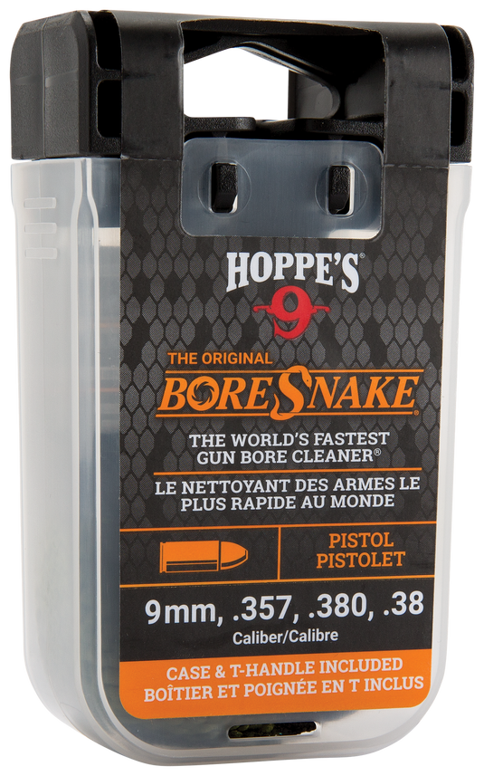 A clear plastic case holds the Boresnake® Den Pistol, labeled for 9mm, .357, .380, and .38 caliber pistols. The packaging has black, orange, and white text with firearm cleaning details.