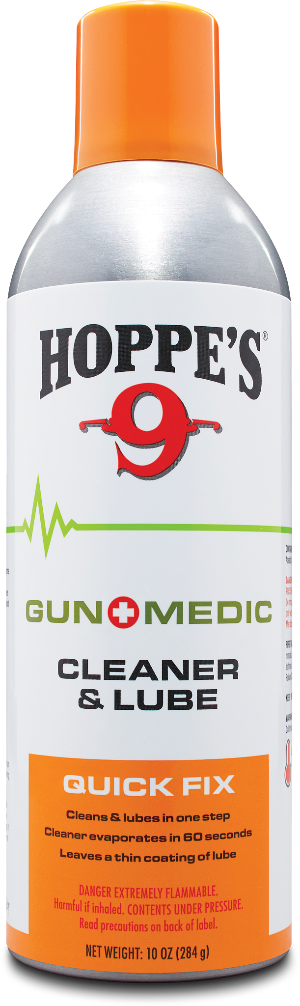 Load image into Gallery viewer, A can of Hoppe's Gun Medic Cleaner + Lube with an orange cap and bold labeling.
