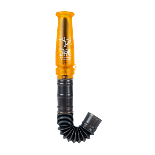 The Primos Power Buck & Doe is an orange and black deer call with an antler logo and a flexible ribbed tube.