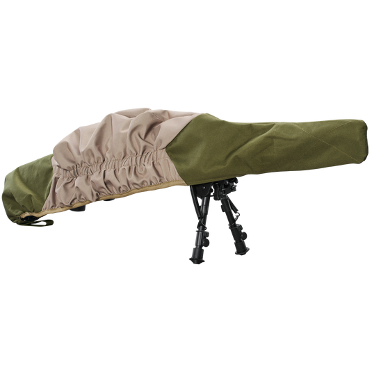 The Butler Creek Element Gun Cover (Standard) in camo tan/green fits rifles with bipod, providing firearm protection.