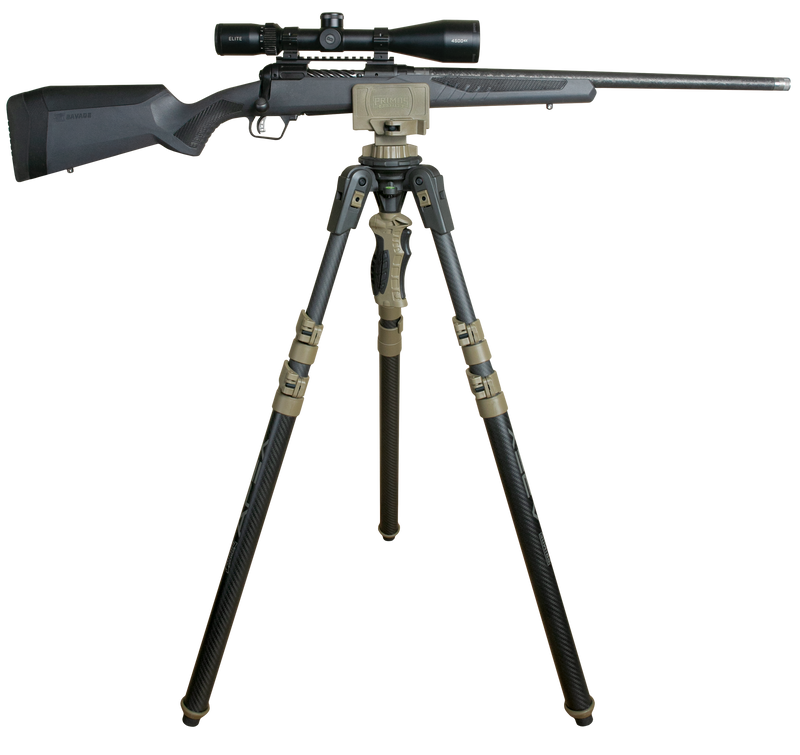 Load image into Gallery viewer, A black hunting rifle with a scope is mounted on a Primos Trigger Stick Apex Carbon Fiber Tripod against a white background.
