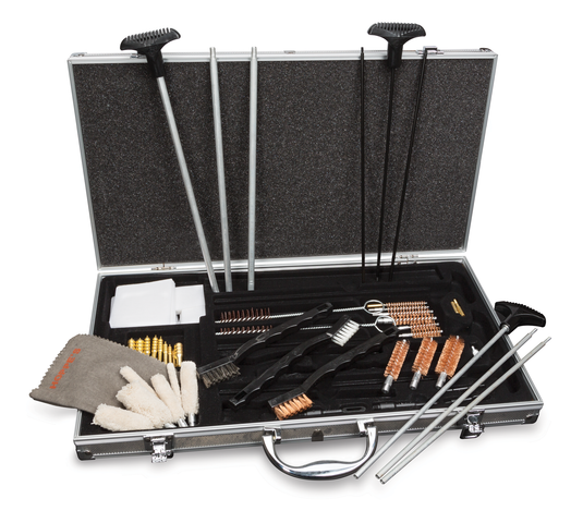 Hoppe's Premium Cleaning Kit comes in a hard storage case with rods, brushes, cloths, and tools neatly organized inside.