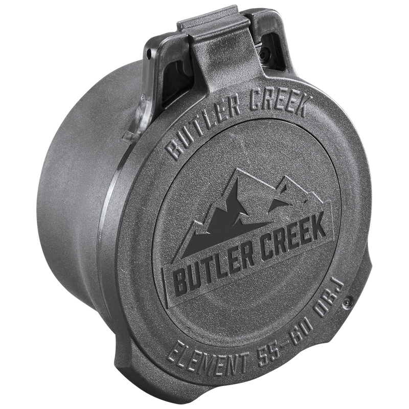 Load image into Gallery viewer, The Element Scope Caps - Objective is a gray Butler Creek cover with a mountain logo and "BUTLER CREEK" plus "ELEMENT 55-60 OBJ" embossed on the front, providing reliable lens protection.
