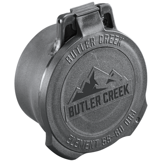 The Element Scope Caps - Objective is a gray Butler Creek cover with a mountain logo and "BUTLER CREEK" plus "ELEMENT 55-60 OBJ" embossed on the front, providing reliable lens protection.
