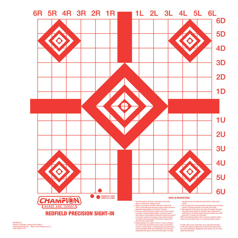 Load image into Gallery viewer, Champion Redfield Sight-In Targets feature red &amp; white grids, labeled squares, and diamonds for sighting in loads.
