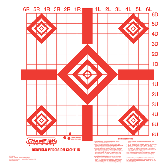 Champion Redfield Sight-In Targets feature red & white grids, labeled squares, and diamonds for sighting in loads.