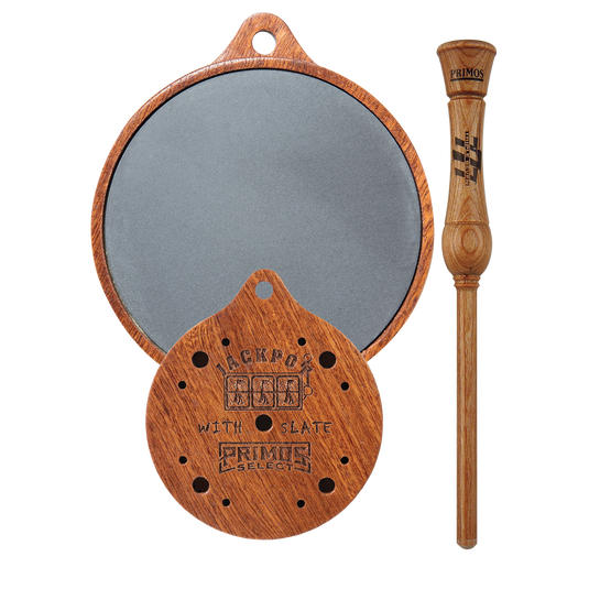 Primos Jackpot™ Slate Turkey Pot Call features a Pennsylvania slate surface and hardwood striker.