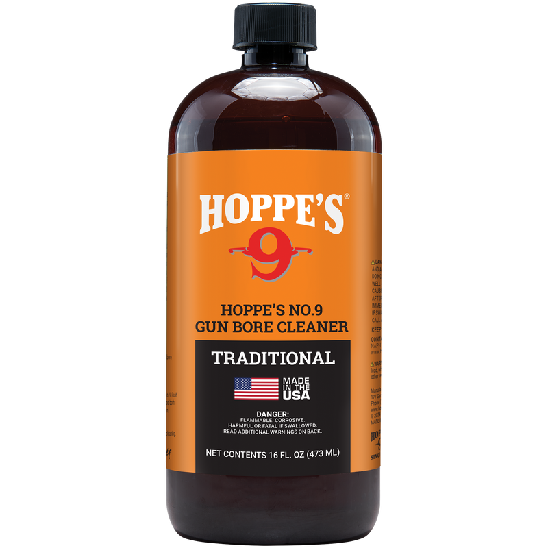 Load image into Gallery viewer, A 16 fl oz bottle of Hoppe's No. 9 Gun Bore Cleaner for firearms, with orange label and black cap.
