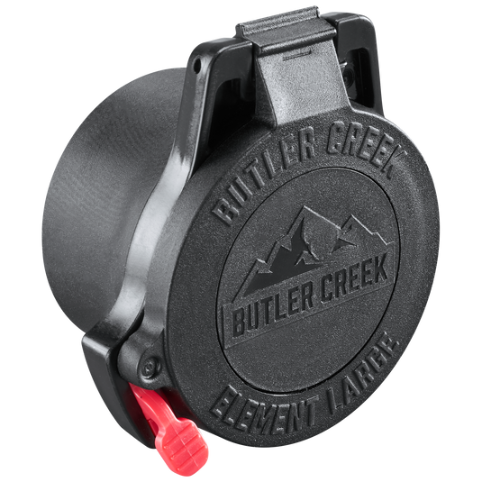 A black Element Scope Cap by Butler Creek with a mountain logo, lens protection, red side latch, and 