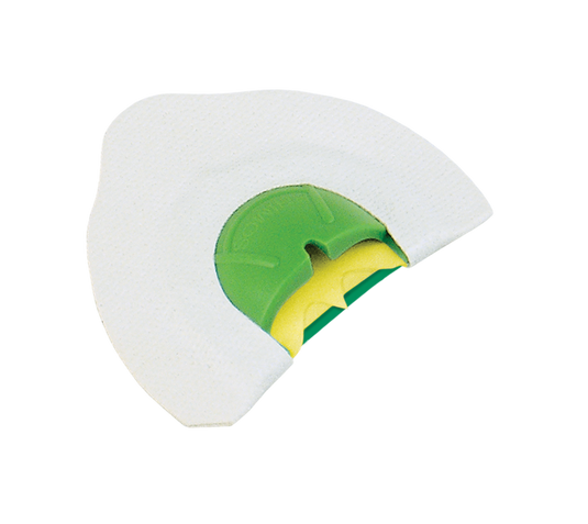 Primos Sonic Dome® Triple with Bat Cut™ mouth call in green/yellow with white textured pad, on a white background.