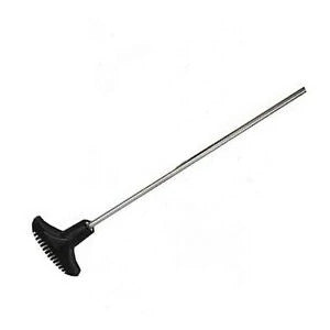 Metal pistol cleaning rod with black grip on a white background