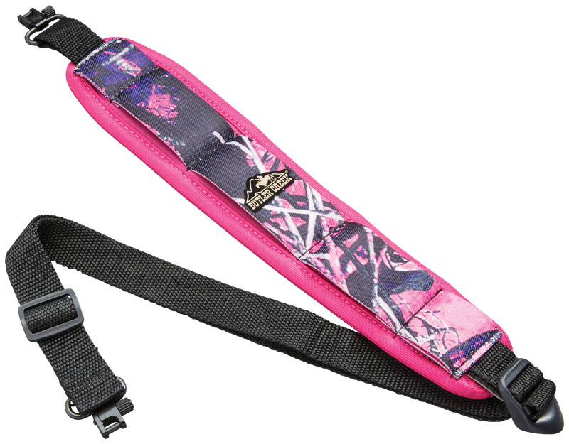 Load image into Gallery viewer, The Butler Creek Comfort Stretch Firearm Sling with Swivel features padded pink/black camo, adjustable strap, and plastic clips.
