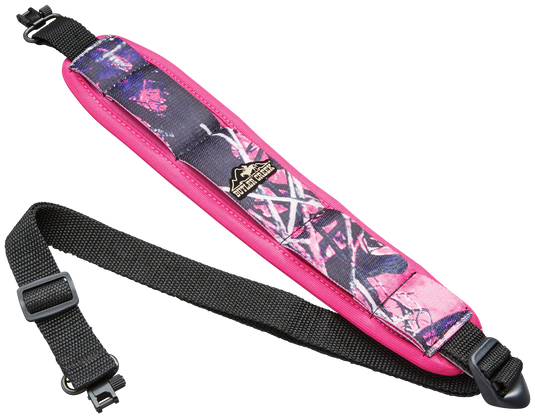 The Butler Creek Comfort Stretch Firearm Sling with Swivel features padded pink/black camo, adjustable strap, and plastic clips.