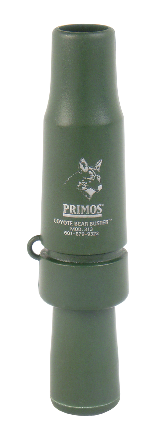 Primos Coyote Bear Buster™ Predator Call with logo, upright on white background, ideal for hunting.