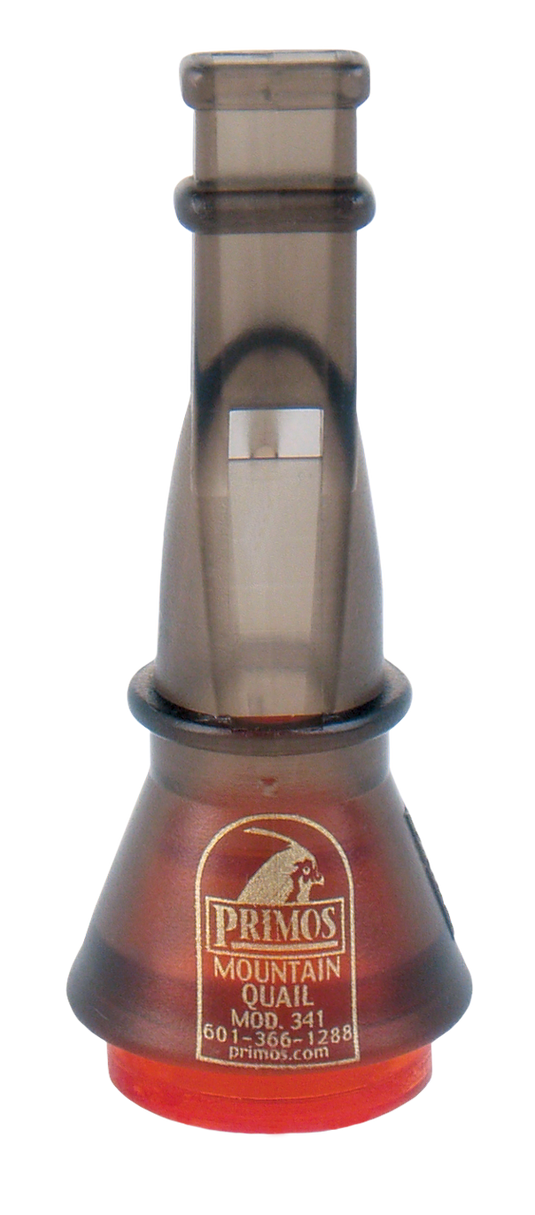 The Primos Mountain Quail bird call features a transparent top and brown base, perfect for long-range locating.