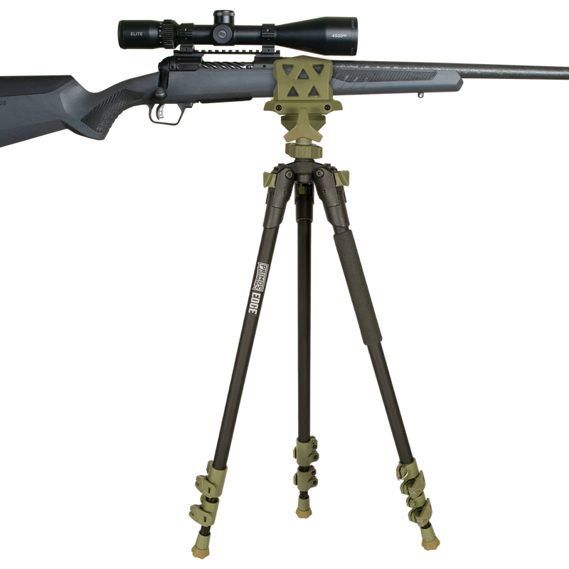 Load image into Gallery viewer, A Primos Edge Aluminum Tripod Shooting Stick with an adjustable gun clamp holds a scoped rifle in place.
