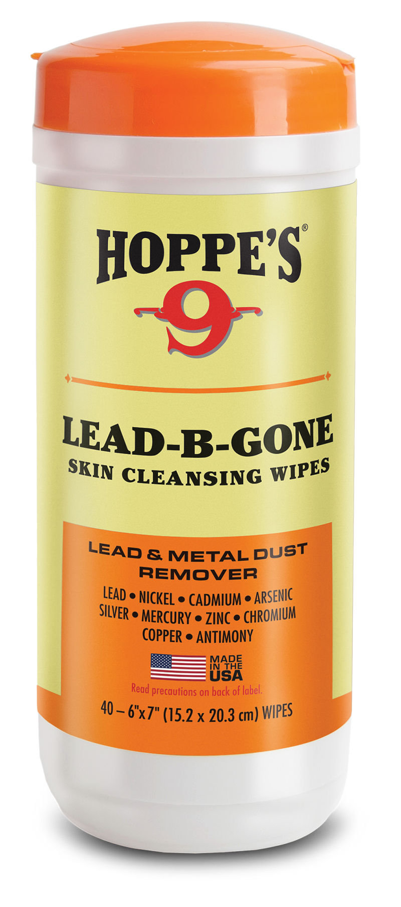 Load image into Gallery viewer, Hoppe's Lead-B-Gone skin cleansing wipes (40 count) container with orange lid and yellow label.
