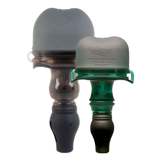 Two Primos Hoochie® Pak Elk Calls, with dark and greenish tones, stand upright against a white background.