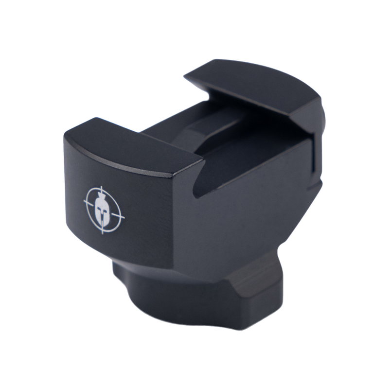 Load image into Gallery viewer, Primos MagnaSwitch Picatinny Adapter: black metal rear sight with white target logo on light gray background.
