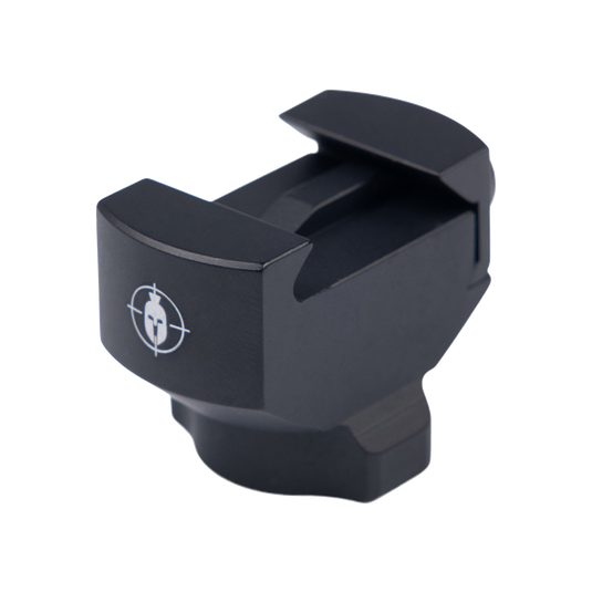 Primos MagnaSwitch Picatinny Adapter: black metal rear sight with white target logo on light gray background.