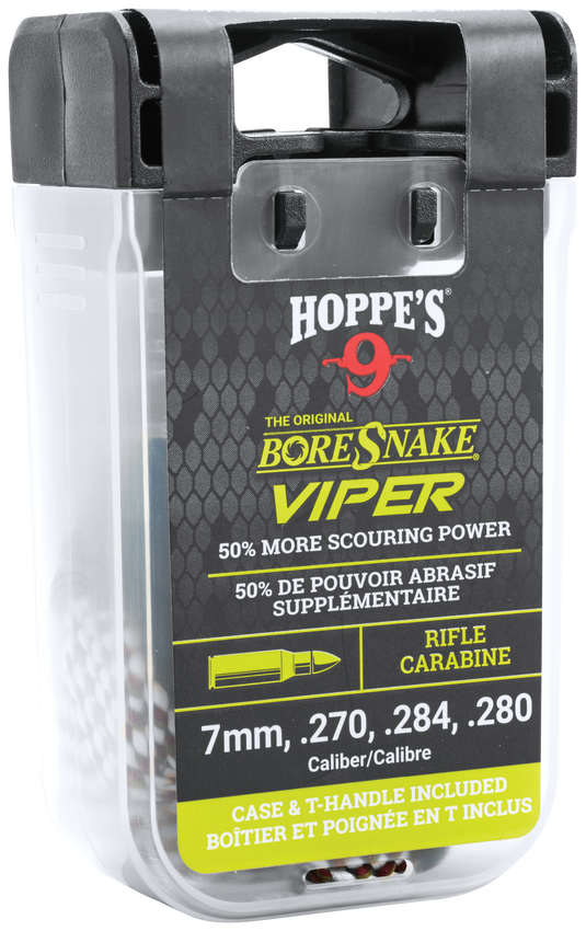 Hoppe's 7mm, .270, .284, .280 rifle Bore Snake Viper cleaning tool packaging with branding and product details.