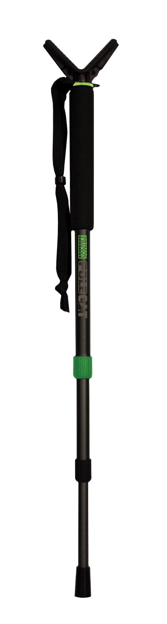 The Primos Pole Cat Tall Monopod Shooting Stick stands upright with Posi-Lock, foam handle, wrist strap, and rubber tip.