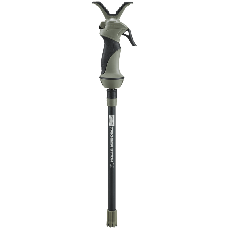Load image into Gallery viewer, Green and black hunting stick with adjustable handle on a white background
