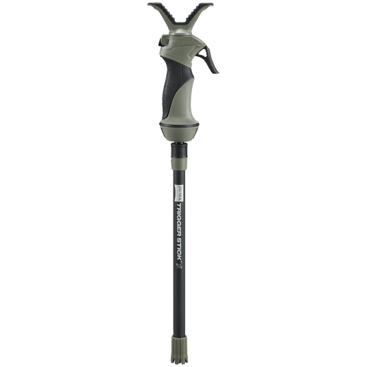 Green and black hunting stick with adjustable handle on a white background
