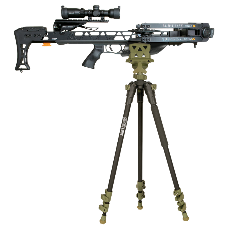 Load image into Gallery viewer, The Primos Edge Aluminum Tripod Shooting Stick holds a scoped black crossbow, displayed on a white background.
