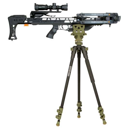 The Primos Edge Aluminum Tripod Shooting Stick holds a scoped black crossbow, displayed on a white background.