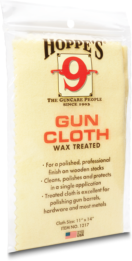 Hoppe's 9 gun cloth wax treated packaging on a white background