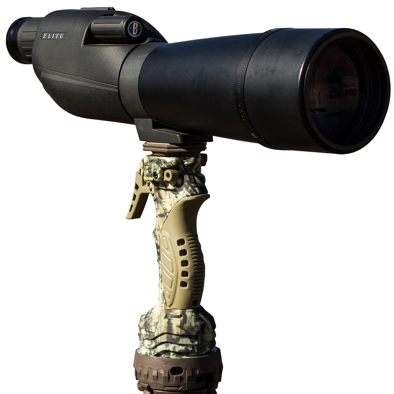 Load image into Gallery viewer, A black spotting scope on a Primos Gen3 Tall Tripod Shooting Stick with a camo grip, shown against a white background.
