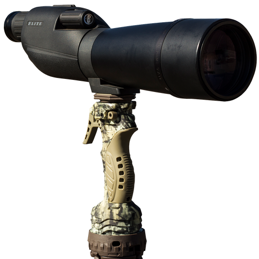 A black spotting scope on a Primos Gen3 Tall Tripod Shooting Stick with a camo grip, shown against a white background.