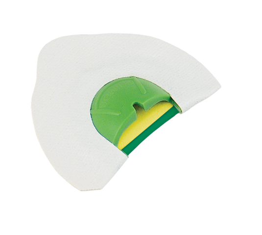 A white crescent Sonic Dome® Double Turkey Call by Primos, with green and yellow center, on a plain background.