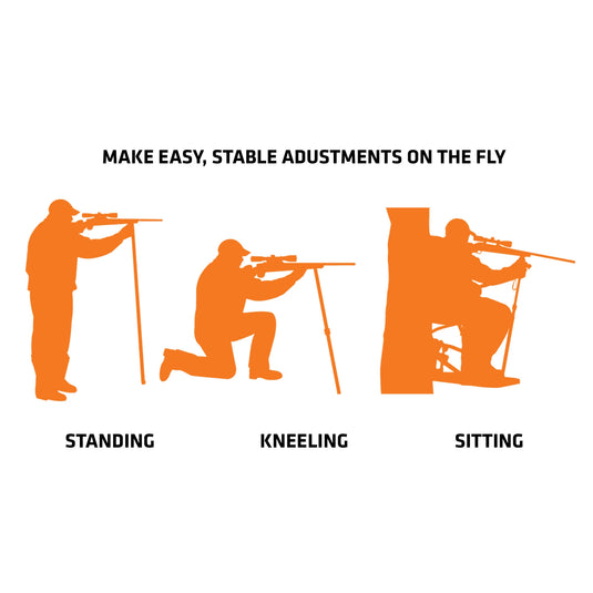 Three orange silhouettes show shooting positions using a Primos Gen3 Tall Monopod Trigger Stick for support.