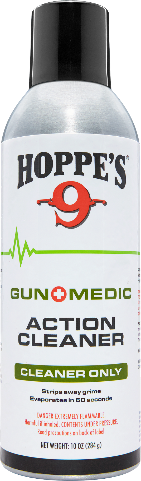 A can of Hoppe's Gun Medic Cleaner, a powerful gun cleaner with a white, green, and red label.